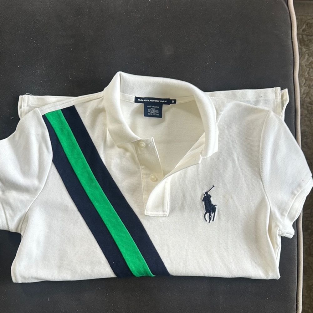 White Polo Shirt with Green and Navy Stripes